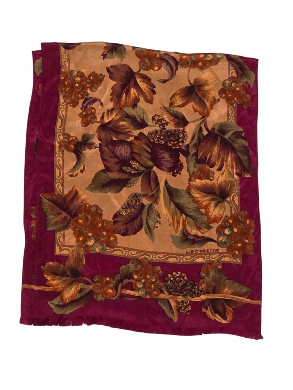 Vintage Liz Claiborne Autumn Harvest Scarf Grapes Leaves Burgundy Gold